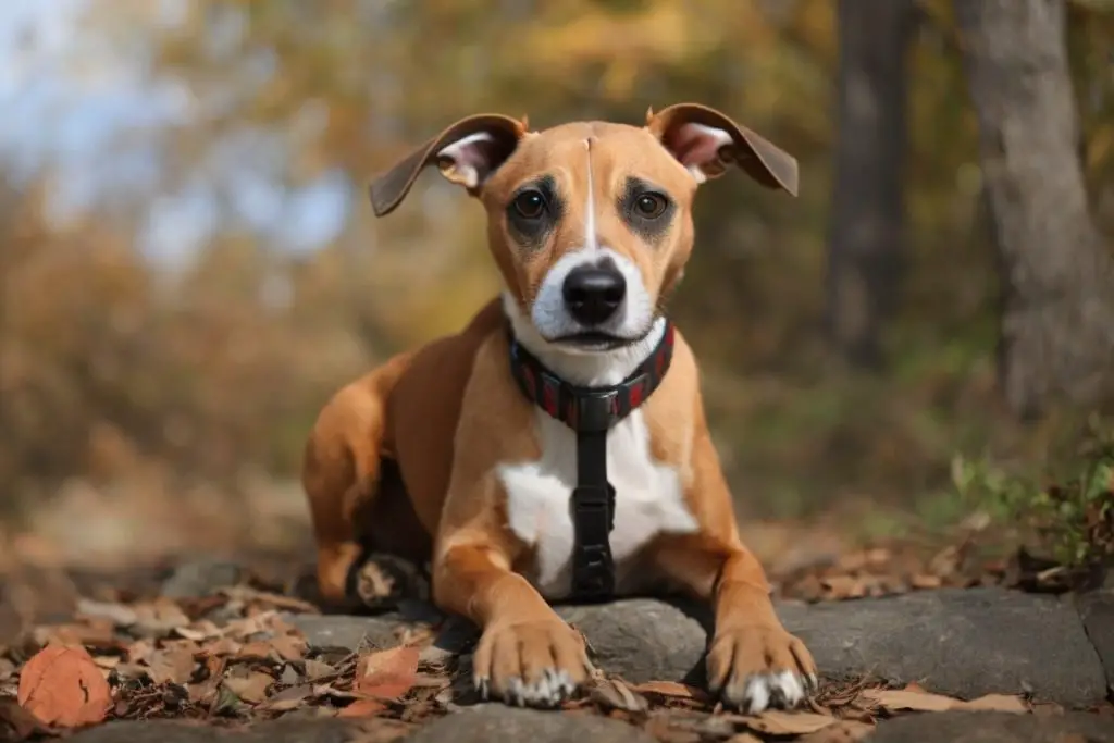 Whippet Boxer mix dog outside.