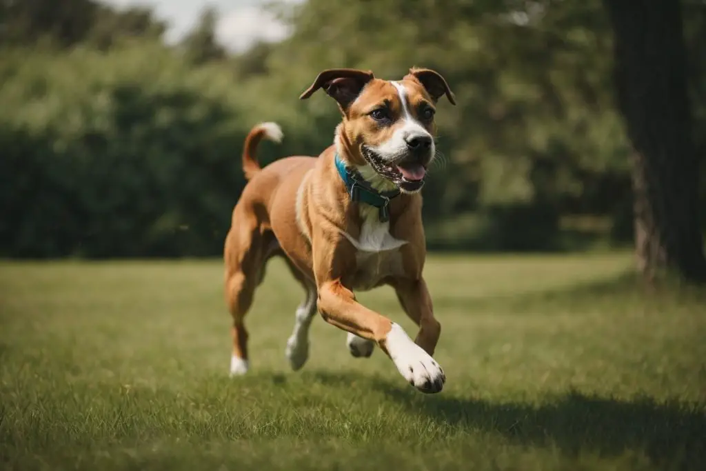 Whippet Boxer mix dog running outside and playing