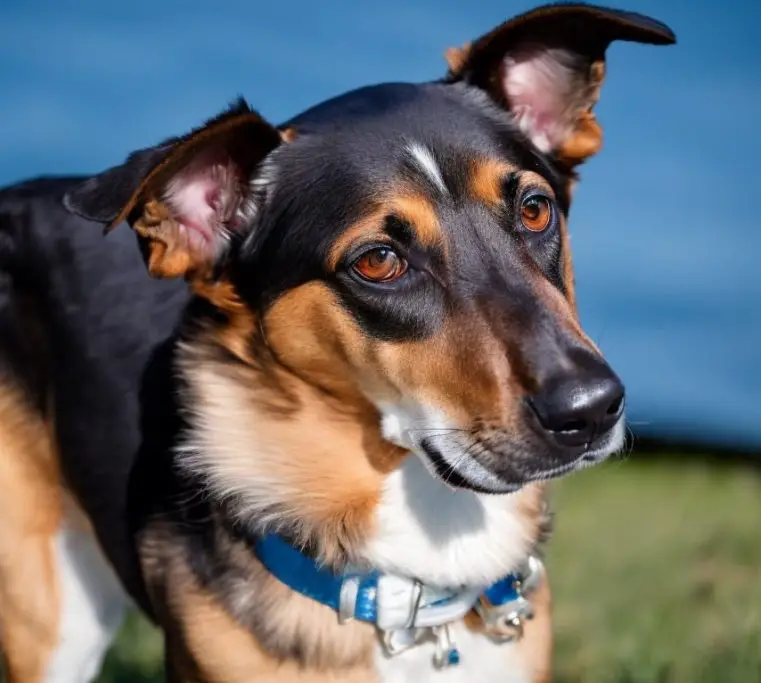 Whippet German Shepherd Mix, outside, closeup